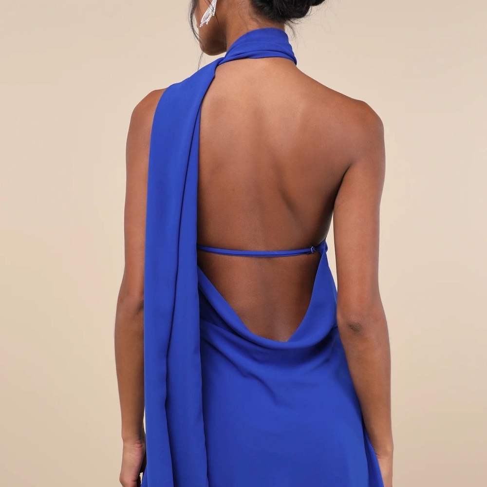 Lulus Blue One-Shoulder Backless Sash Mini Dress
